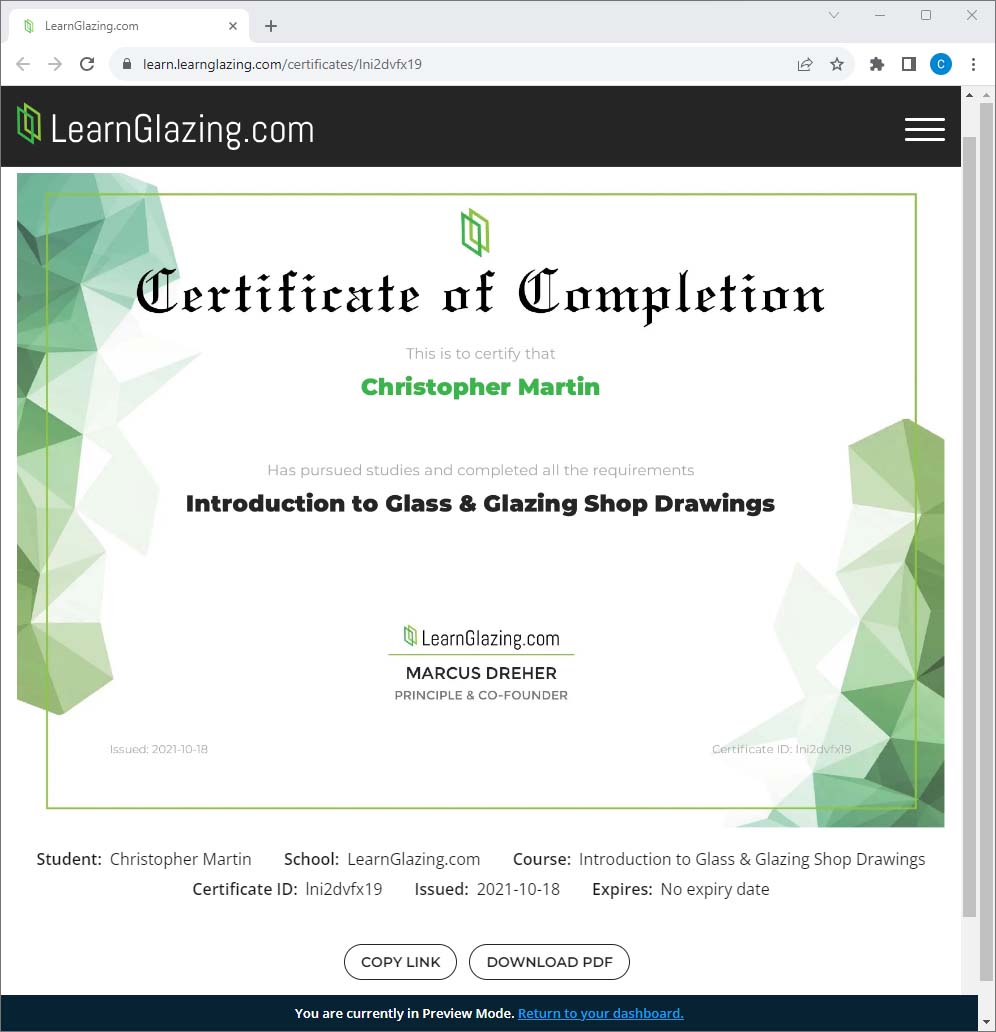 Glaziers Training Course Certificate