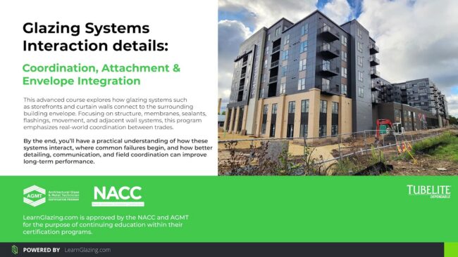 Title slide of the LearnGlazing course Glazing Systems Interaction Details: Coordination, Attachment and Envelope Integration, with a curtain wall building under construction